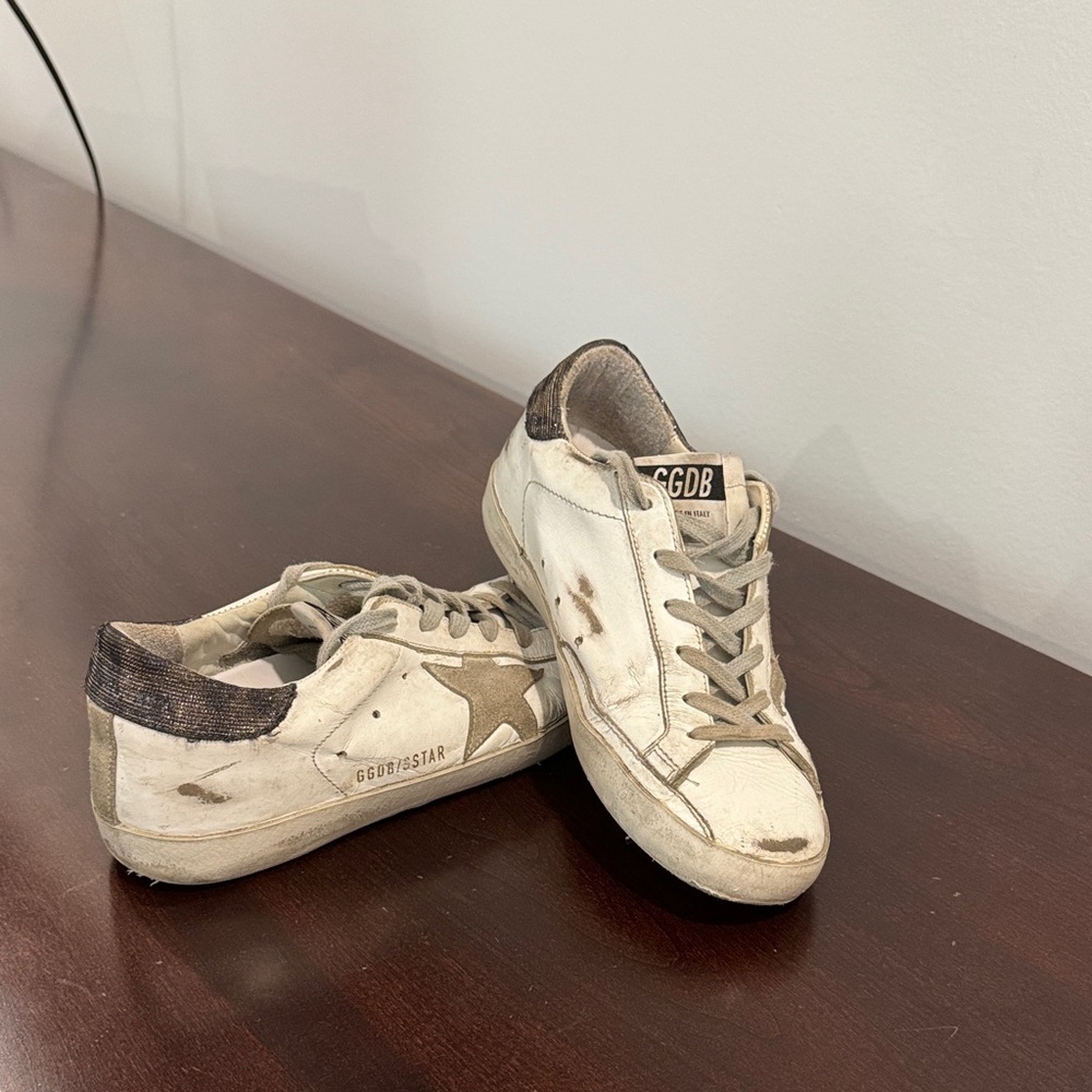 Golden Goose Cream and Brown Distressed Sneakers